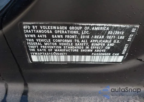 2012 Volkswagen Passat 2.5L S из США, поврежденный, VIN 1VWAP7A31CC054571